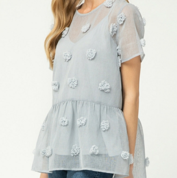 entro Tops - Grey Pom Pom Sheer Top NWT